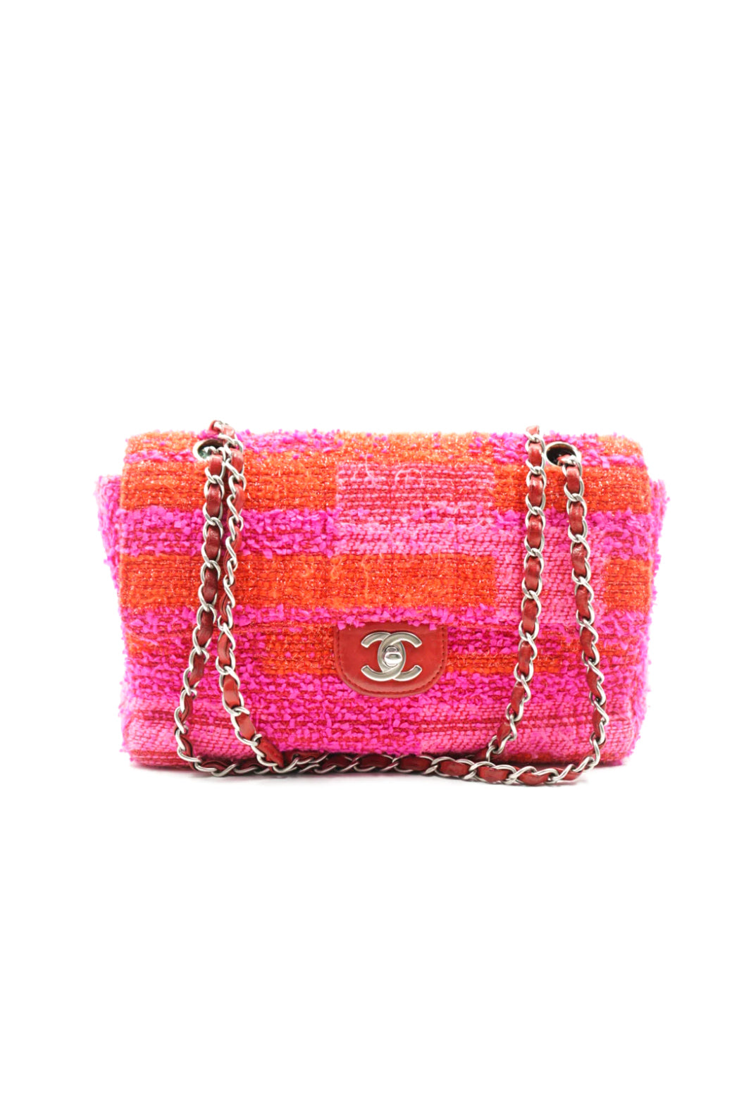 Chanel pink/ red tweed single flap bag