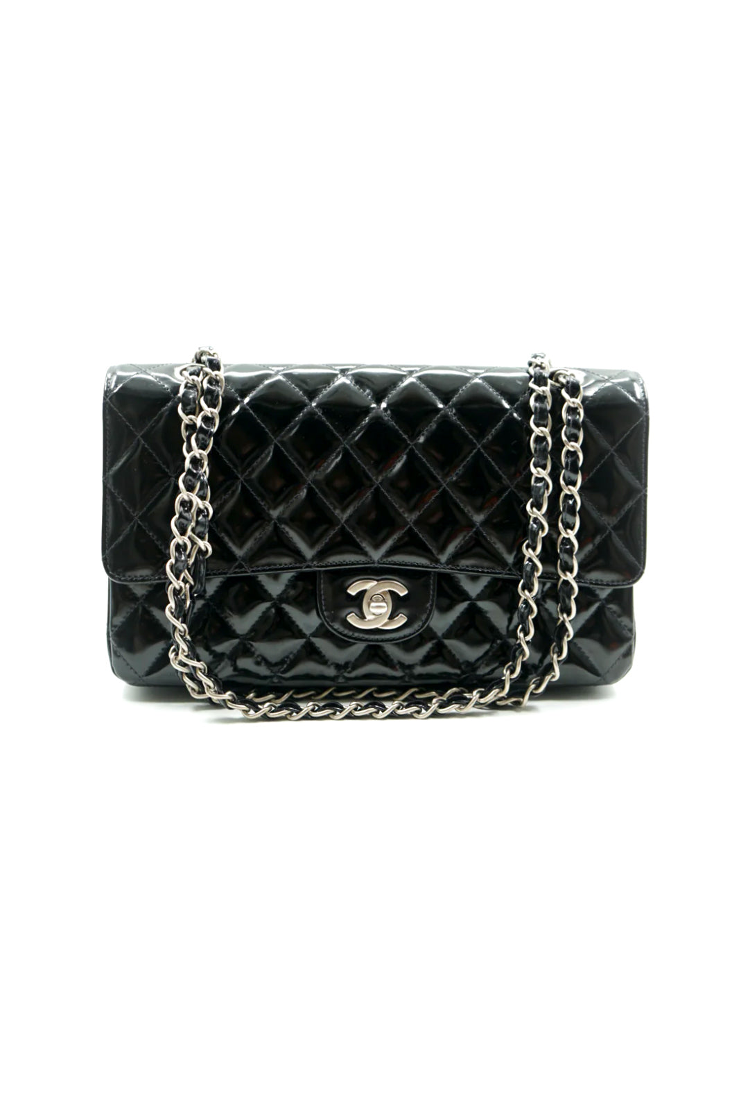 Chanel black double flap bag patent leather medium