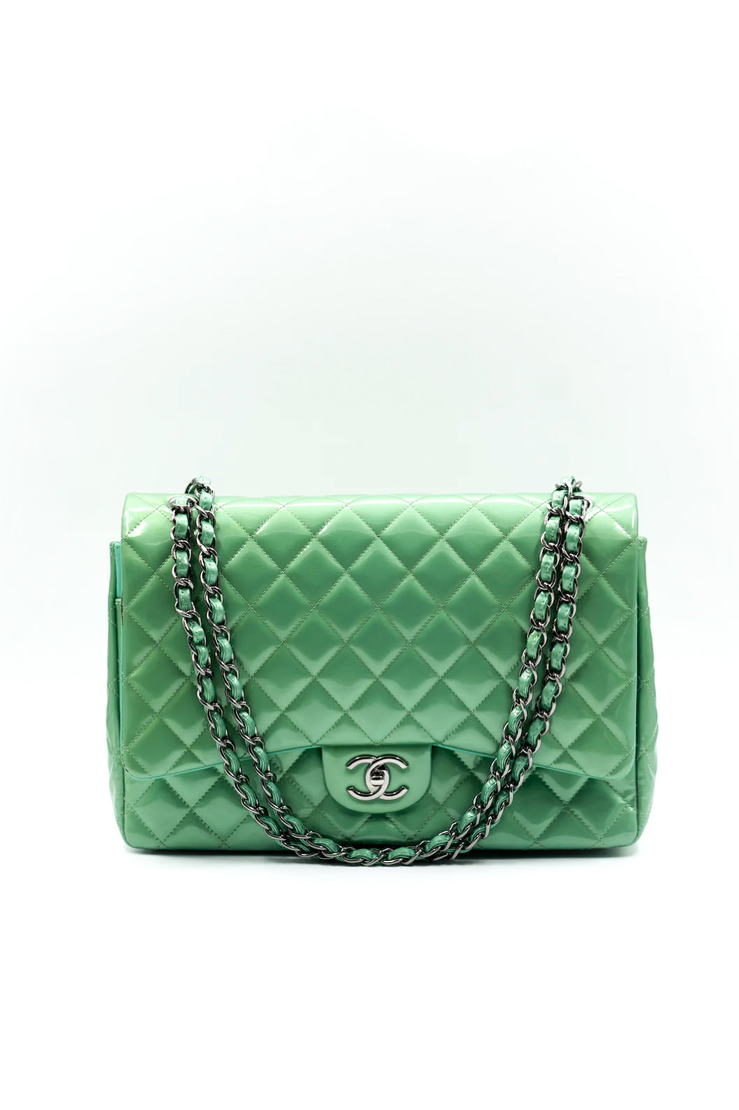 Chanel lime green patent jumbo double flap bag