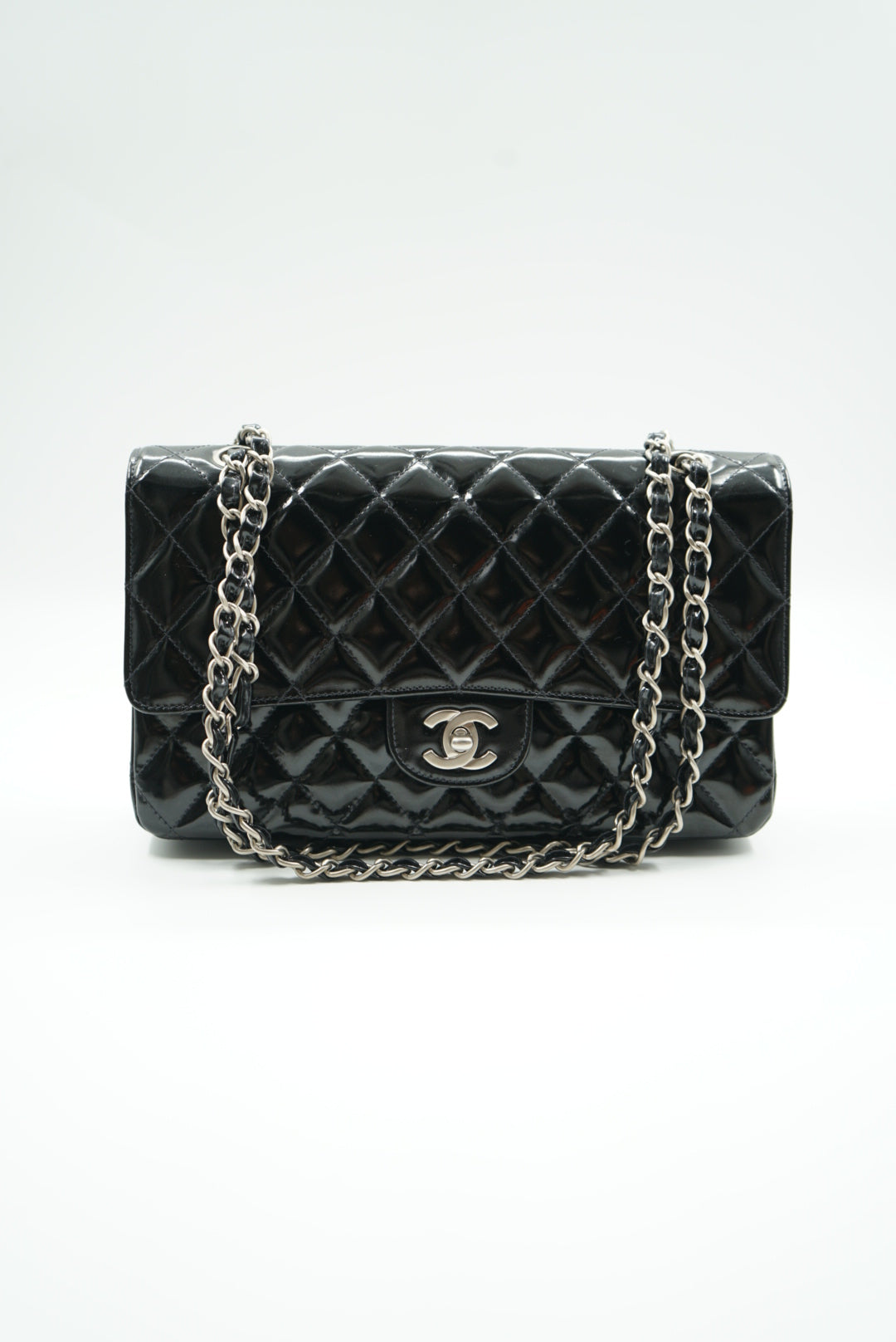 Chanel black double flap bag patent leather medium