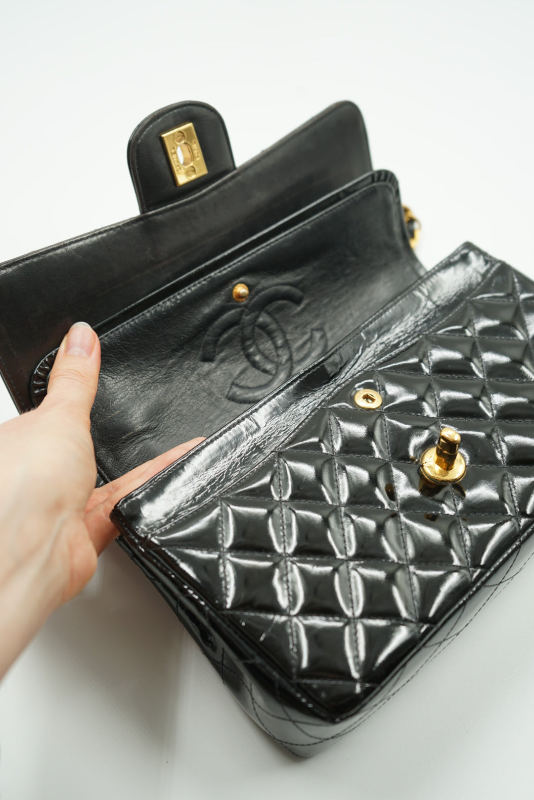 Chanel black double flap bag patent leather small