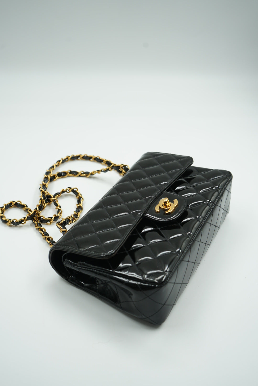 Chanel black double flap bag patent leather small