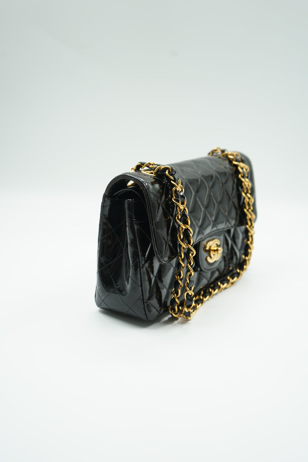 Chanel black double flap bag patent leather small