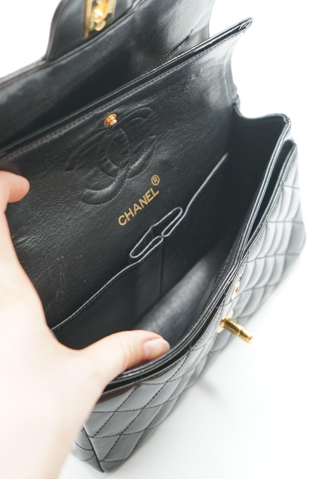 Chanel black double flap bag patent leather small