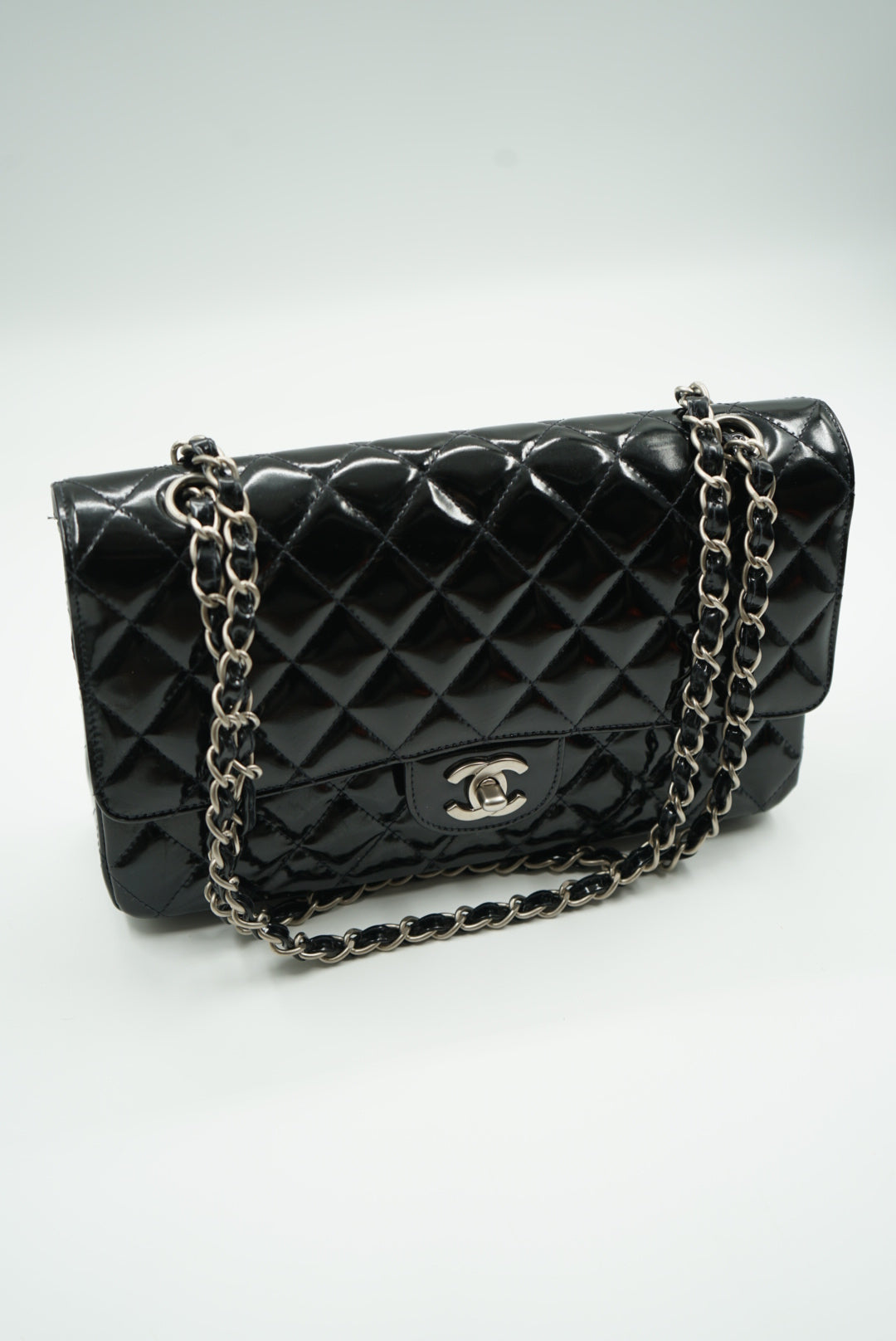 Chanel black double flap bag patent leather medium