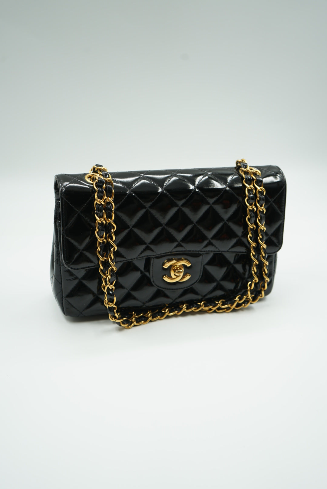 Chanel black double flap bag patent leather small