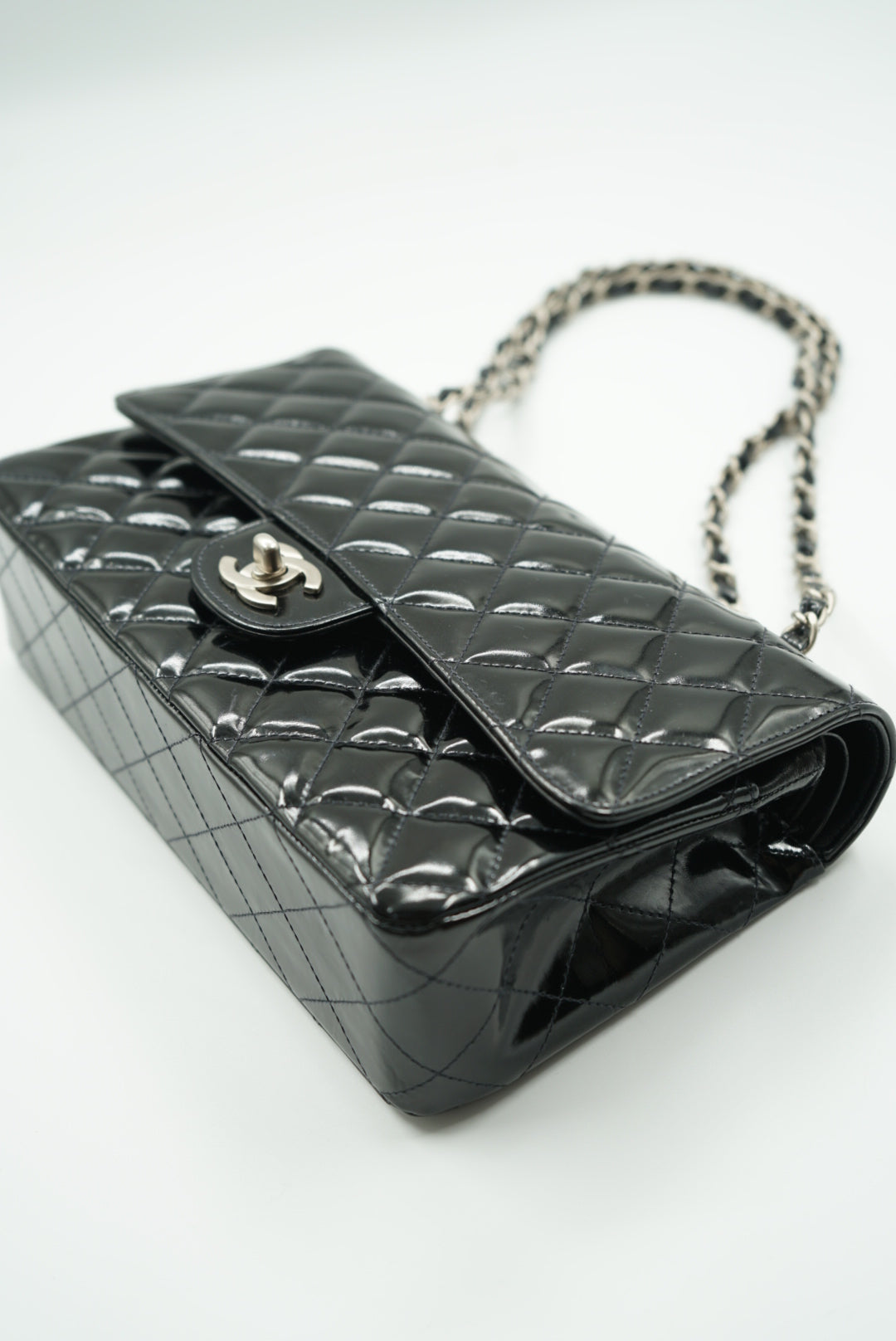 Chanel black double flap bag patent leather medium