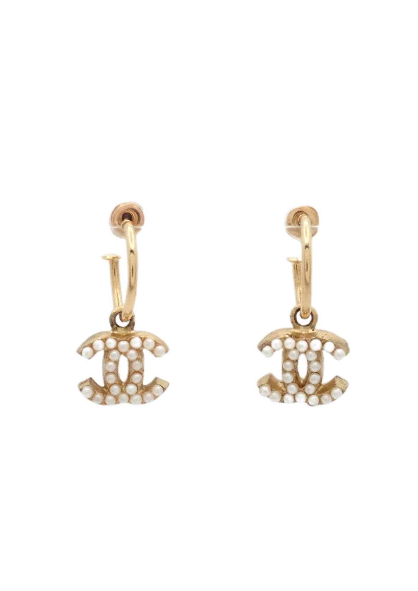 Chanel CC Pearl Drop Hoop Earrings