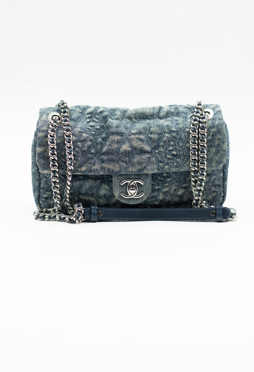 Chanel camellia embroidered denim flap bag