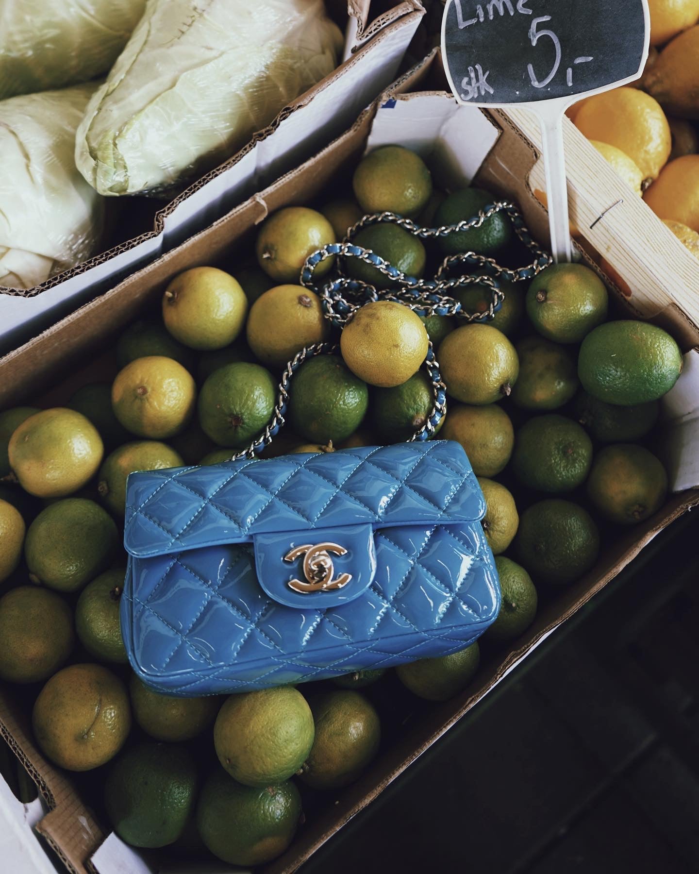 Chanel mini rectangular flap bag patent blue