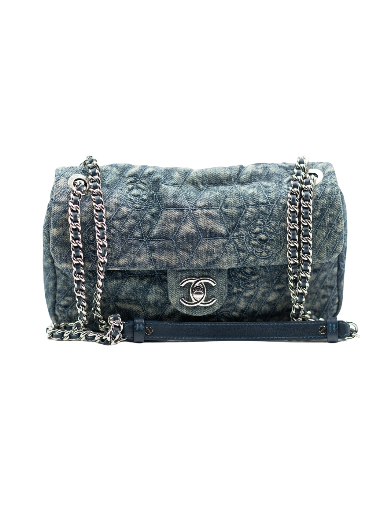 Chanel camellia embroidered denim flap bag