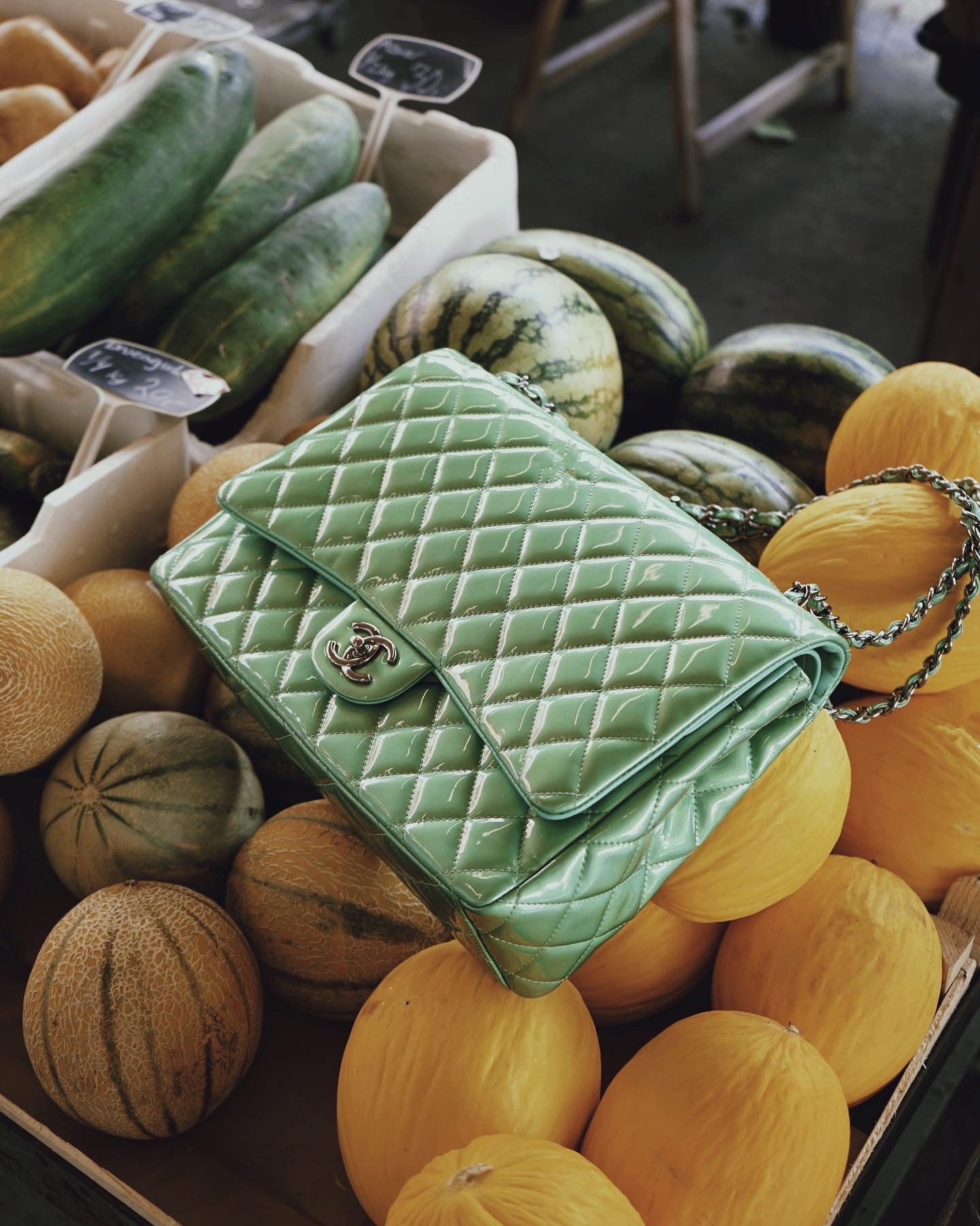 Chanel lime green patent jumbo double flap bag