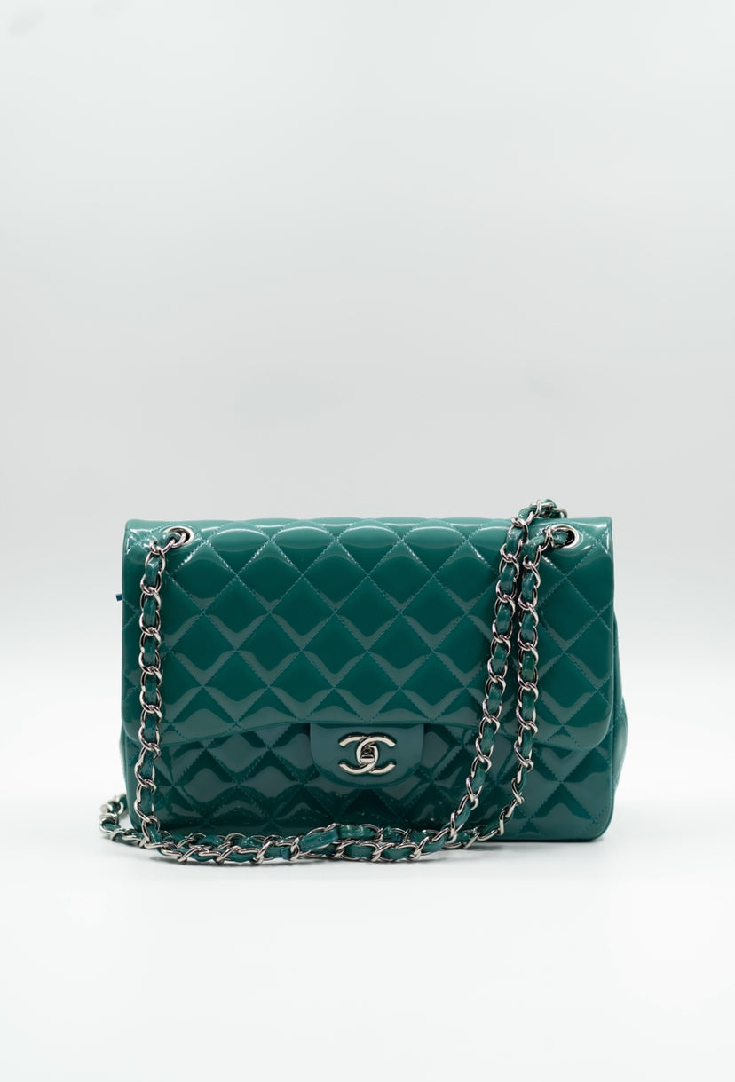 Chanel Jumbo double flap in patent blue/green