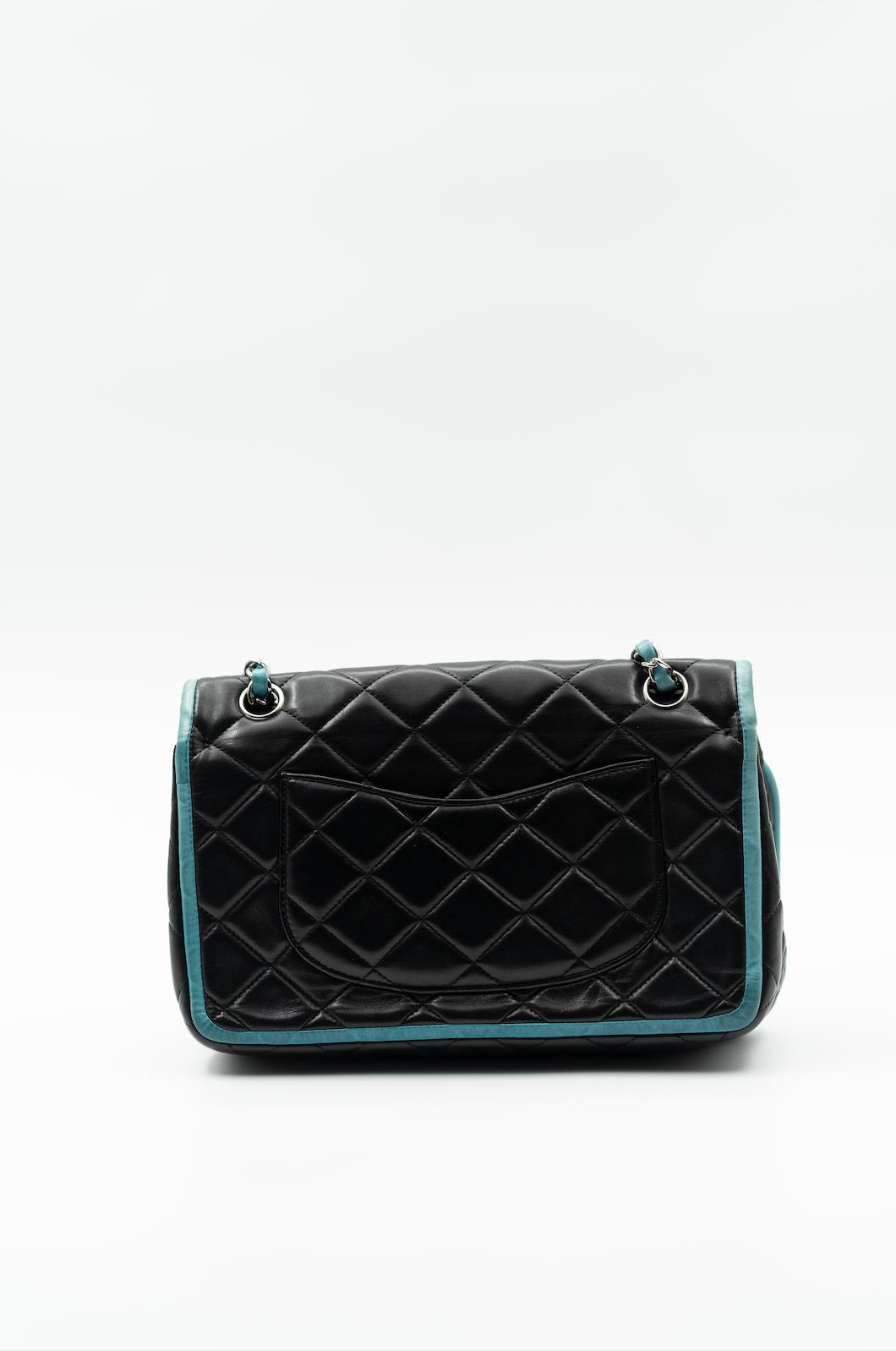 Chanel double flap bag with turquoise trim