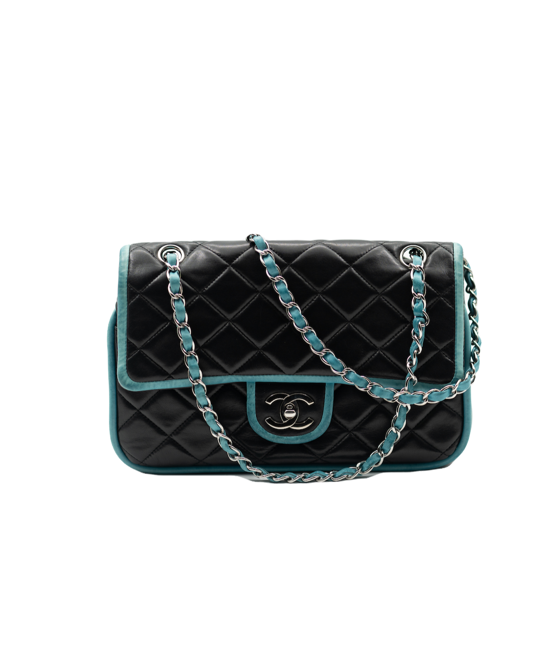 Chanel double flap bag with turquoise trim