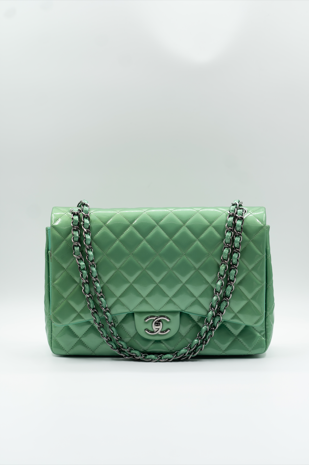 Chanel lime green patent jumbo double flap bag