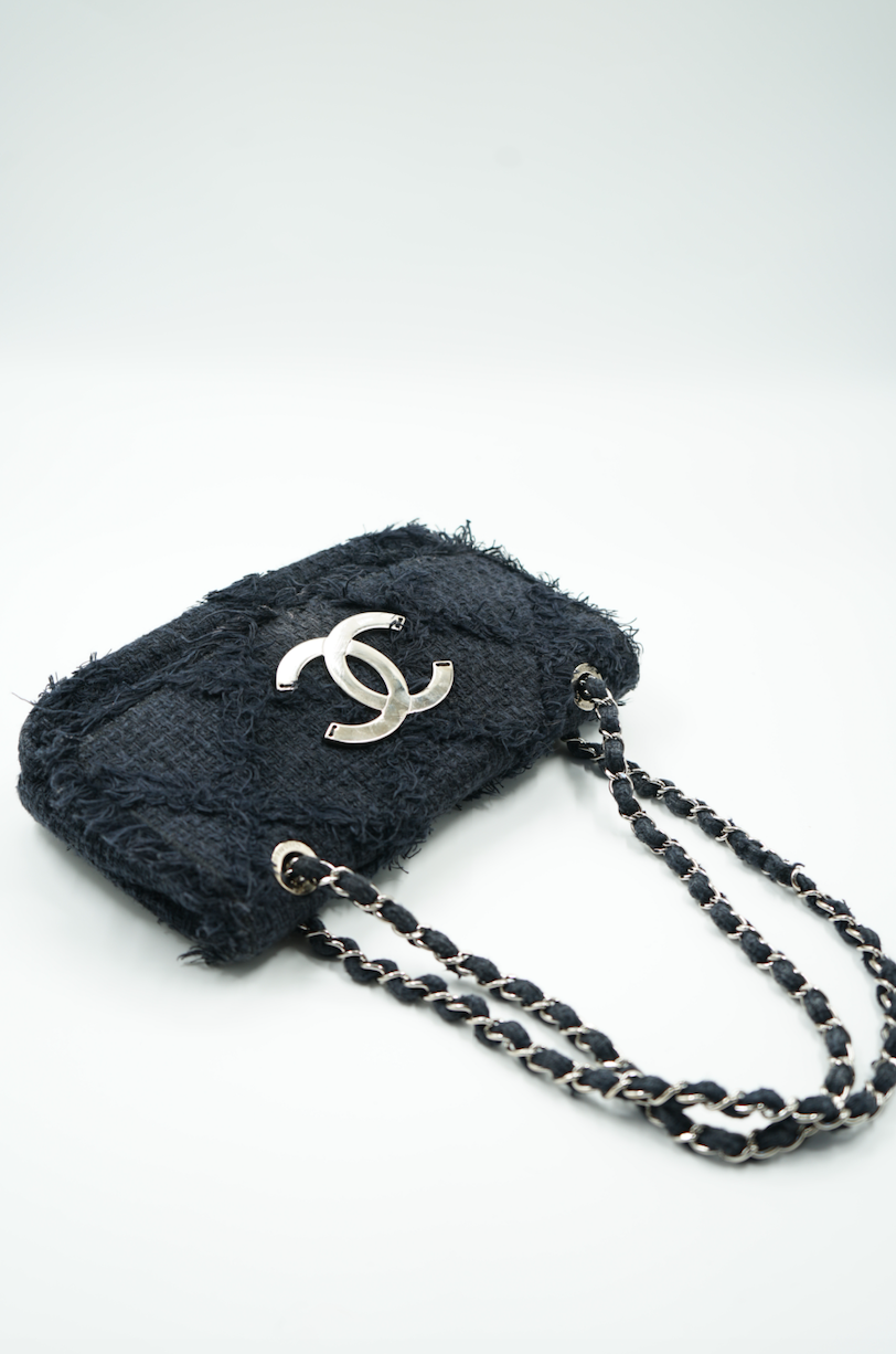 Chanel medium navy blue diamond stitch nature tweed bag