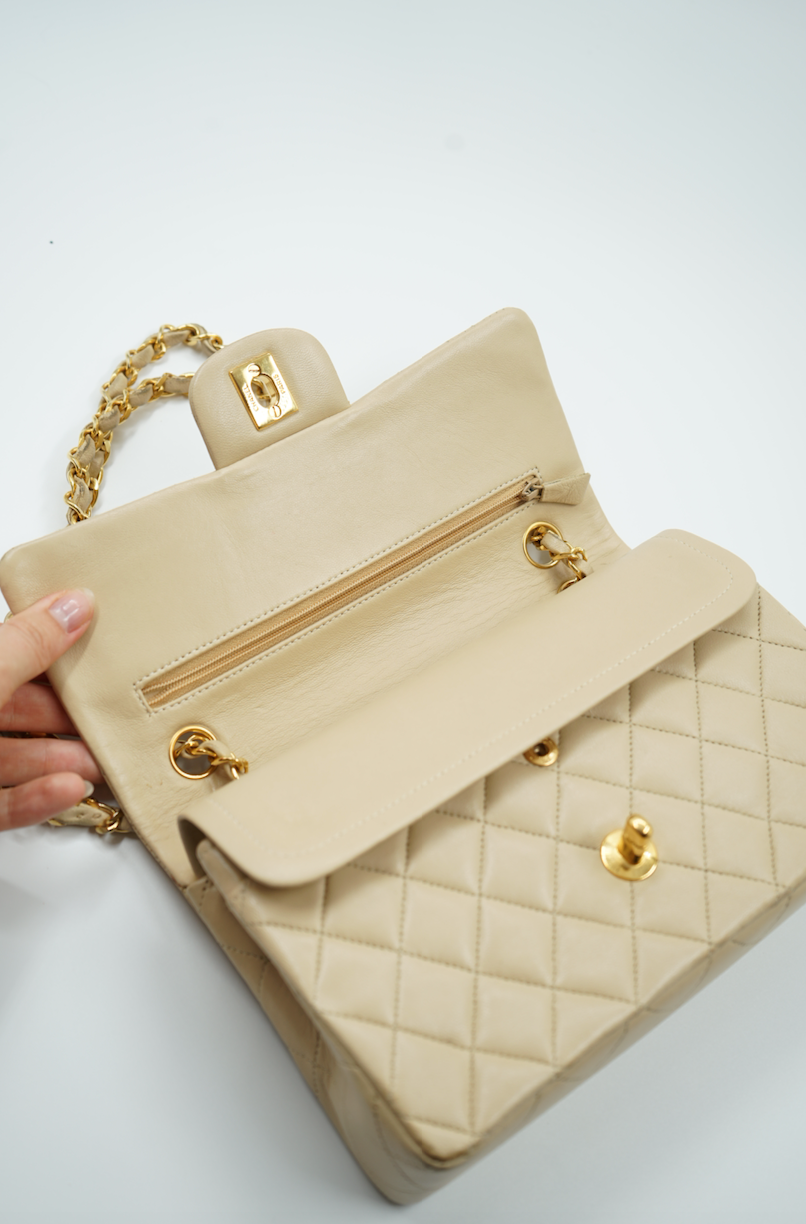 Chanel small classic double flap bag beige