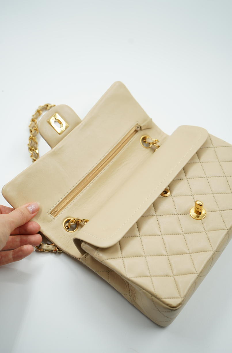 Chanel small classic double flap bag beige