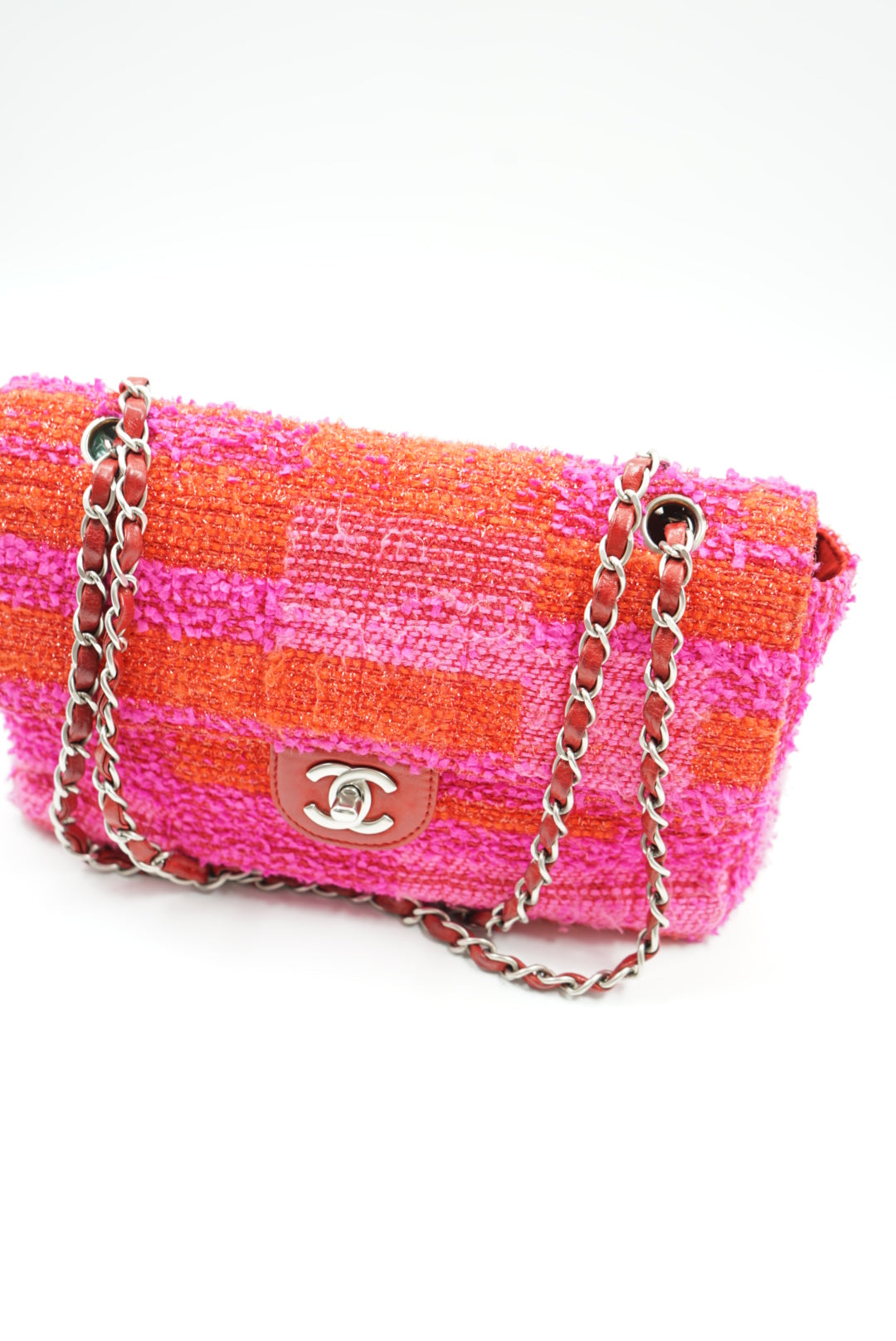 Chanel pink/ red tweed single flap bag