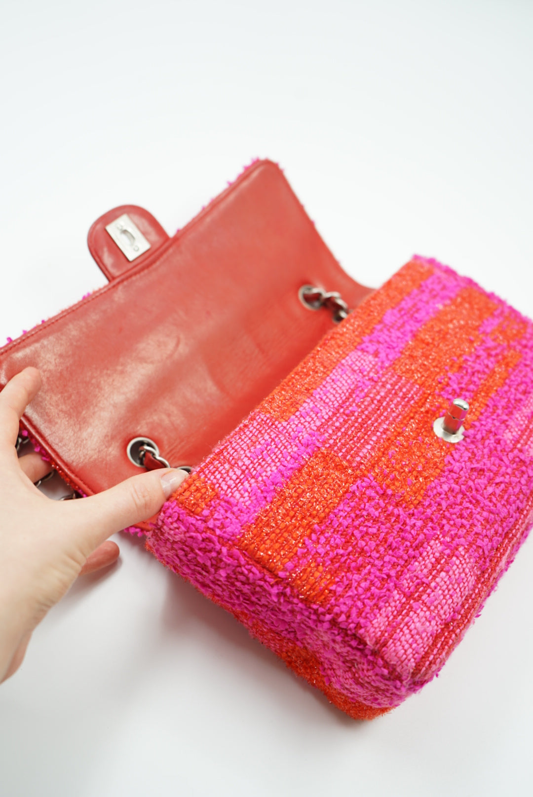 Chanel pink/ red tweed single flap bag