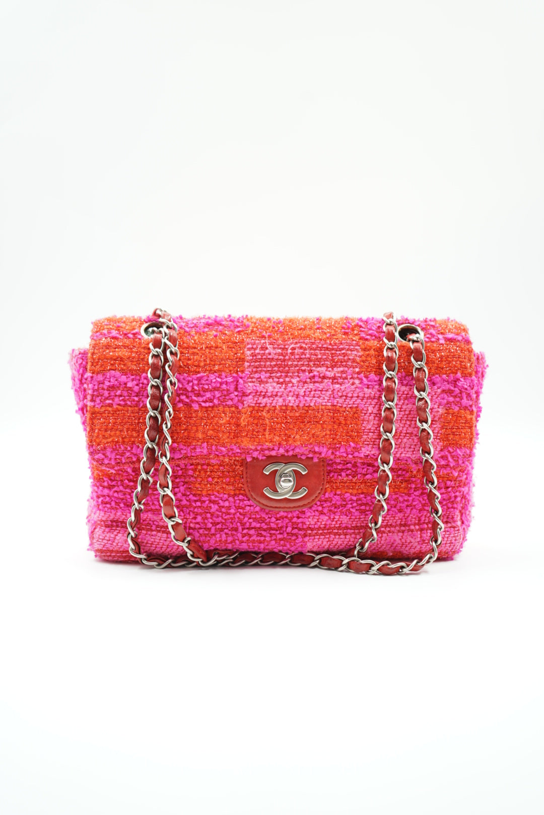 Chanel pink/ red tweed single flap bag